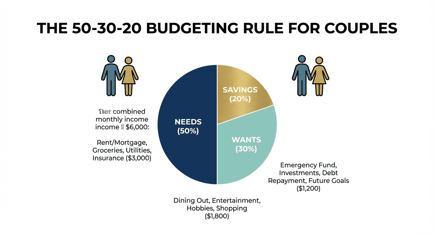 Infographic explaining the 50/30/20 budgeting rule for couples — 50% needs, 30% wants, 20% savings