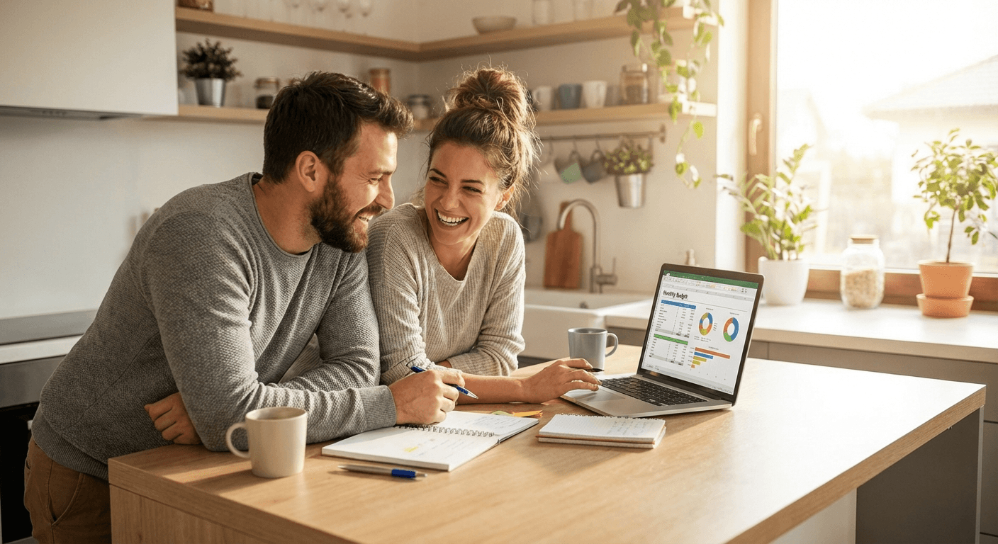 Couple using budget planner together