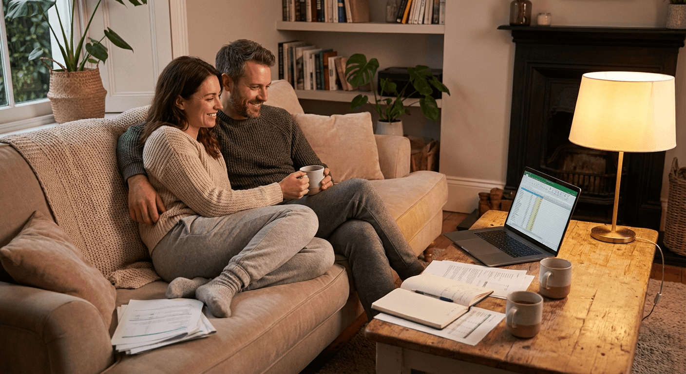 Couple having a relaxed money date night at home reviewing their budget together