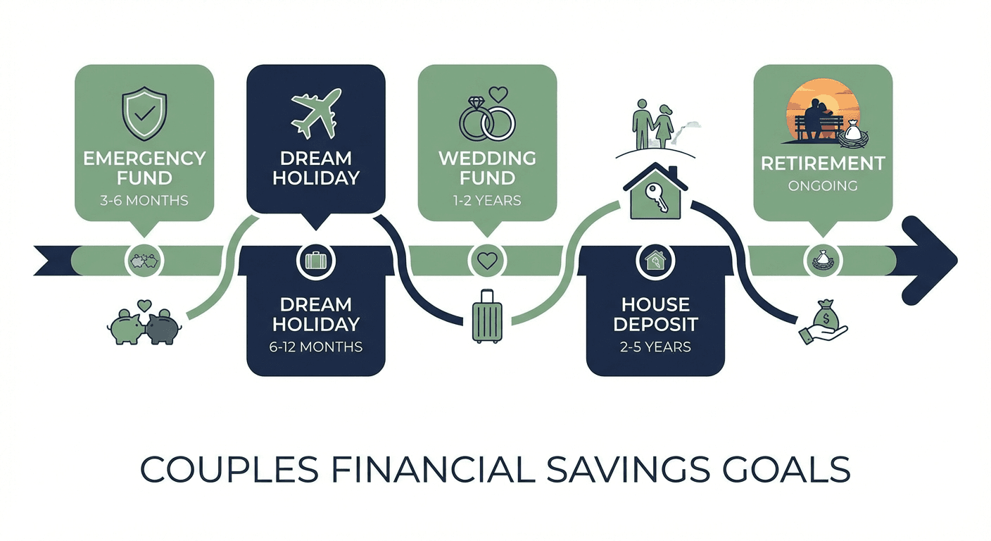 Couples savings goals timeline showing emergency fund, house deposit, holiday, wedding, and retirement milestones