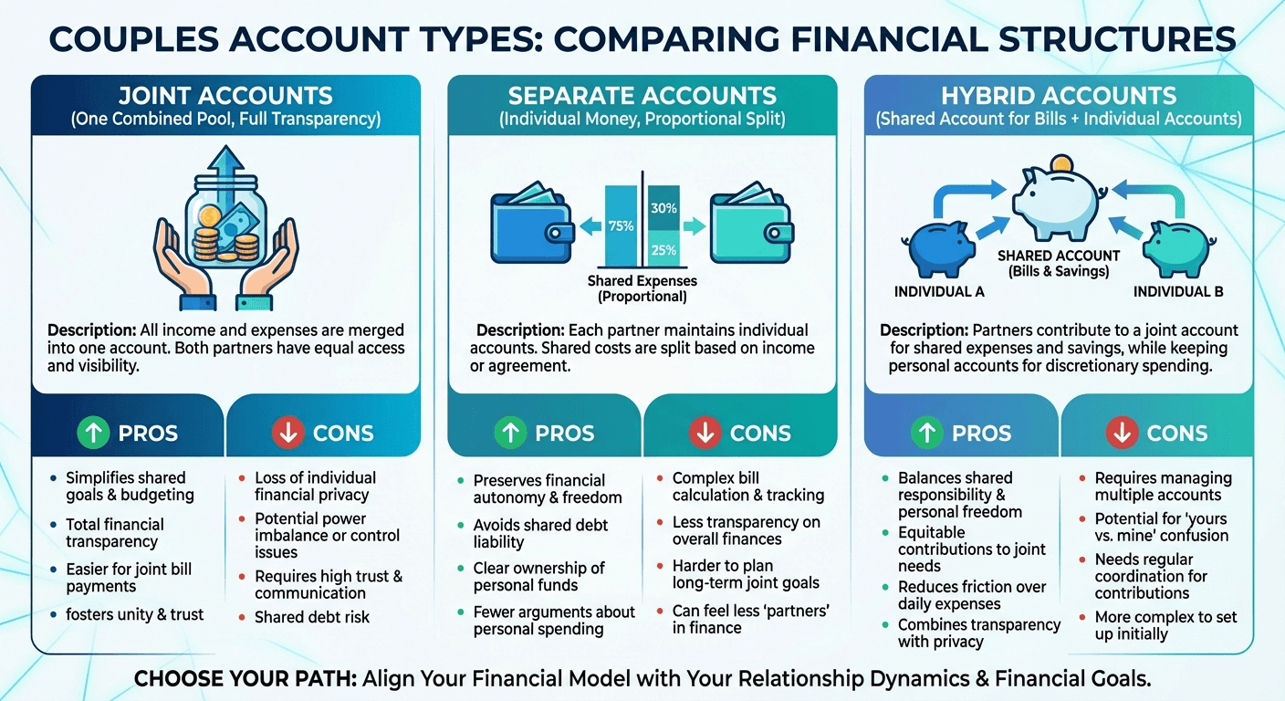 Infographic comparing joint accounts, separate accounts, and hybrid accounts for couples