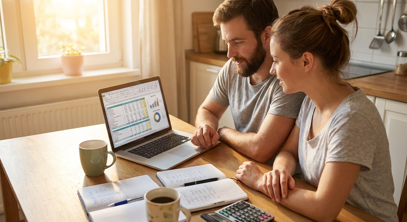 A couple reviewing their shared budget spreadsheet together on a laptop
