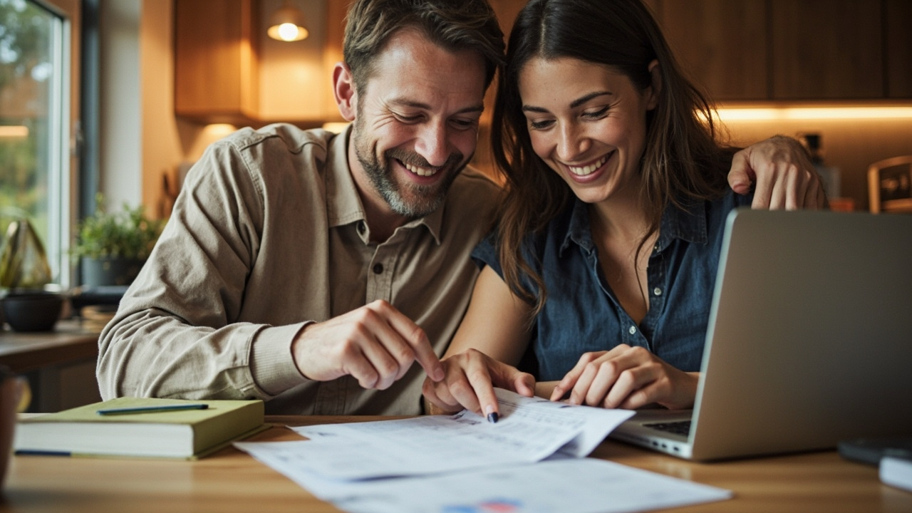 Couple meeting around a kitchen table planning their monthly budget