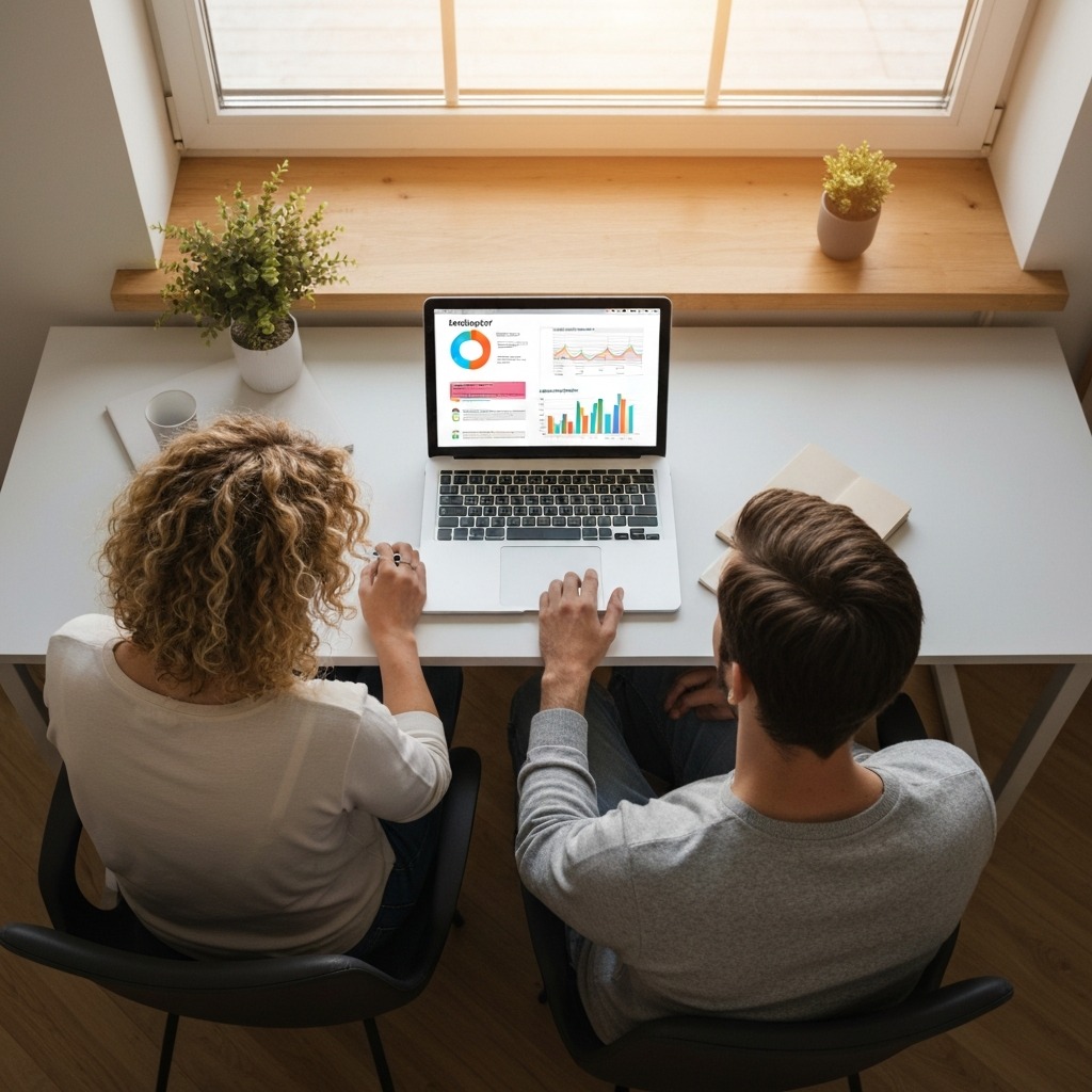 Couple reviewing their budget spreadsheet together on a laptop
