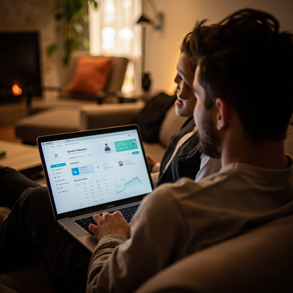 Couple using YNAB budgeting app on laptop at home