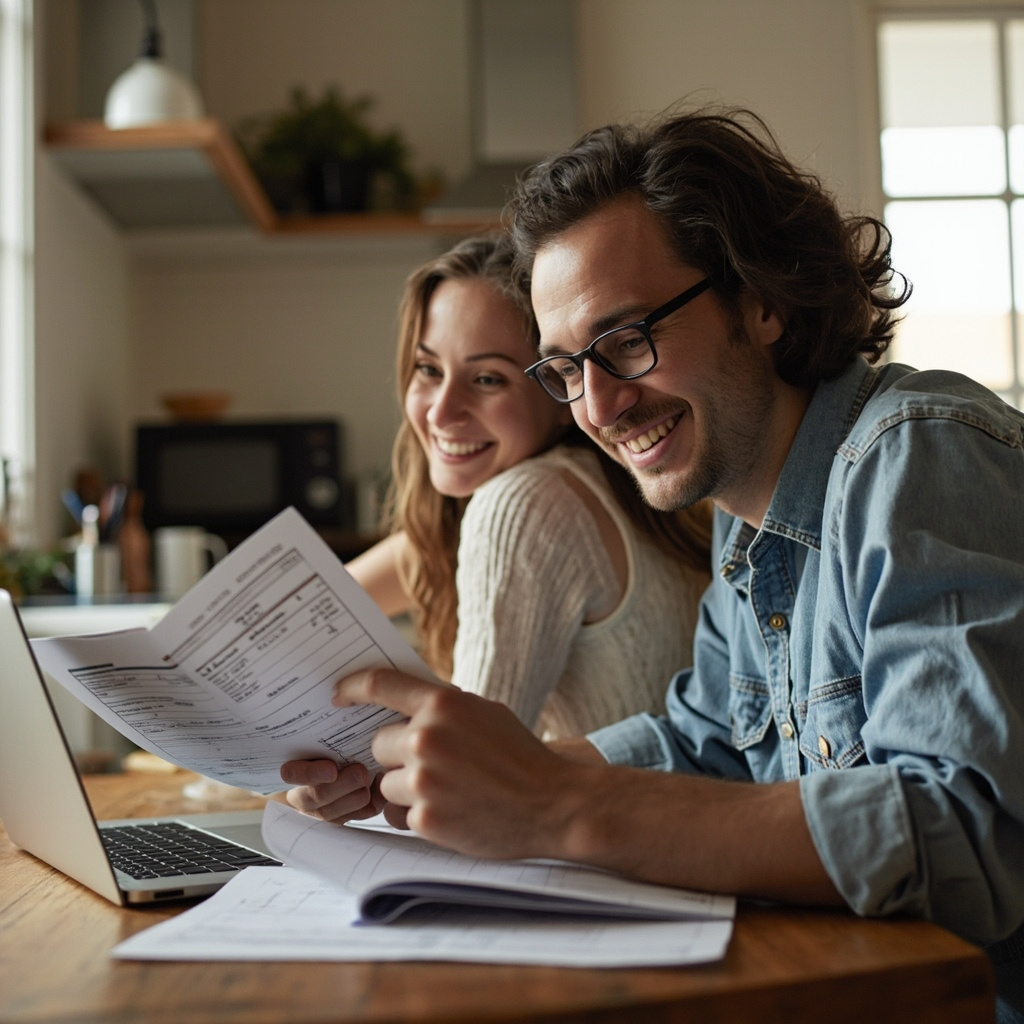 Young couple reviewing their household budget together at the kitchen table