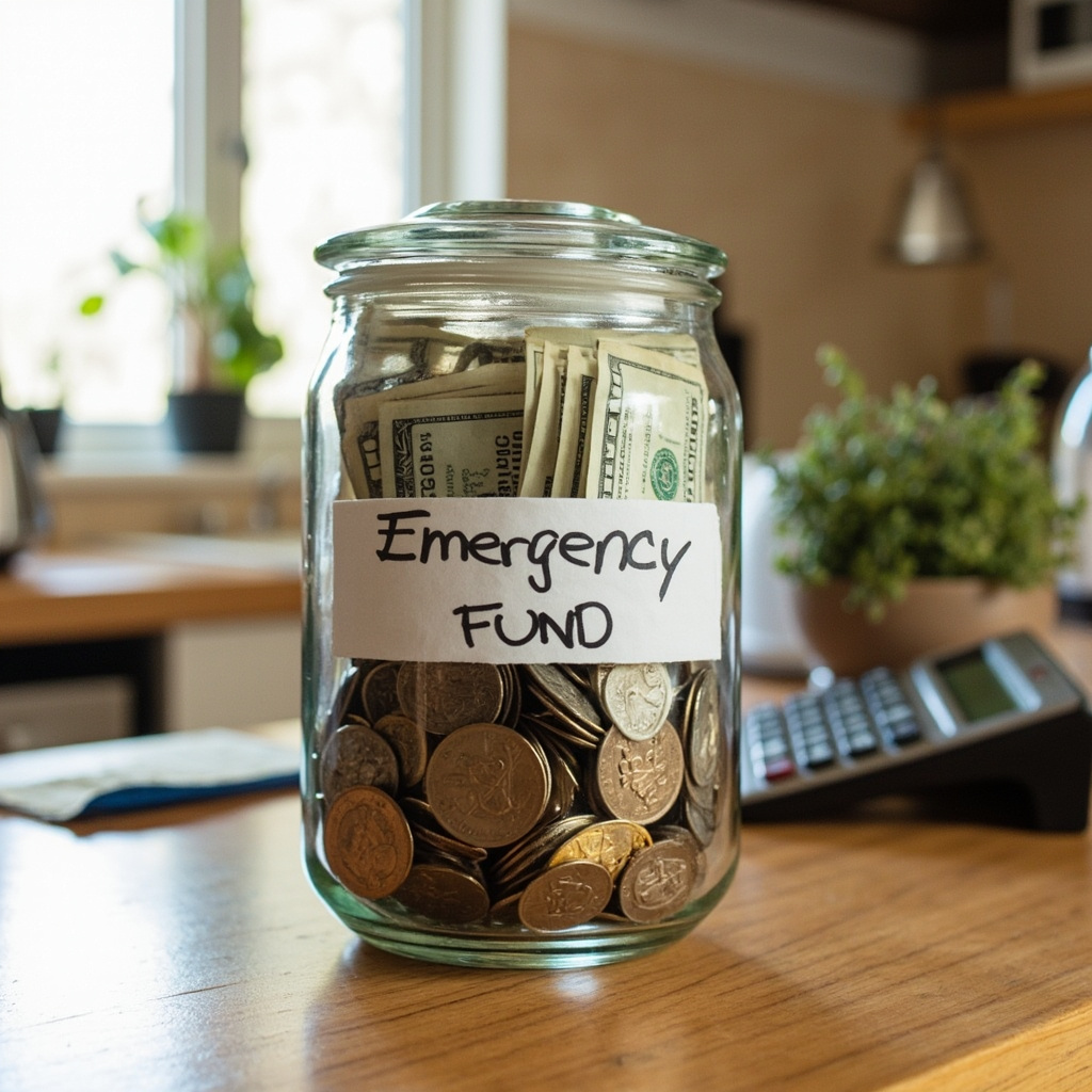Emergency fund savings jar on a wooden kitchen counter
