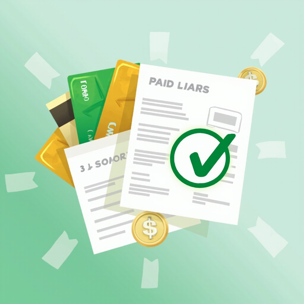 Credit cards and loan documents with green checkmarks showing paid off status