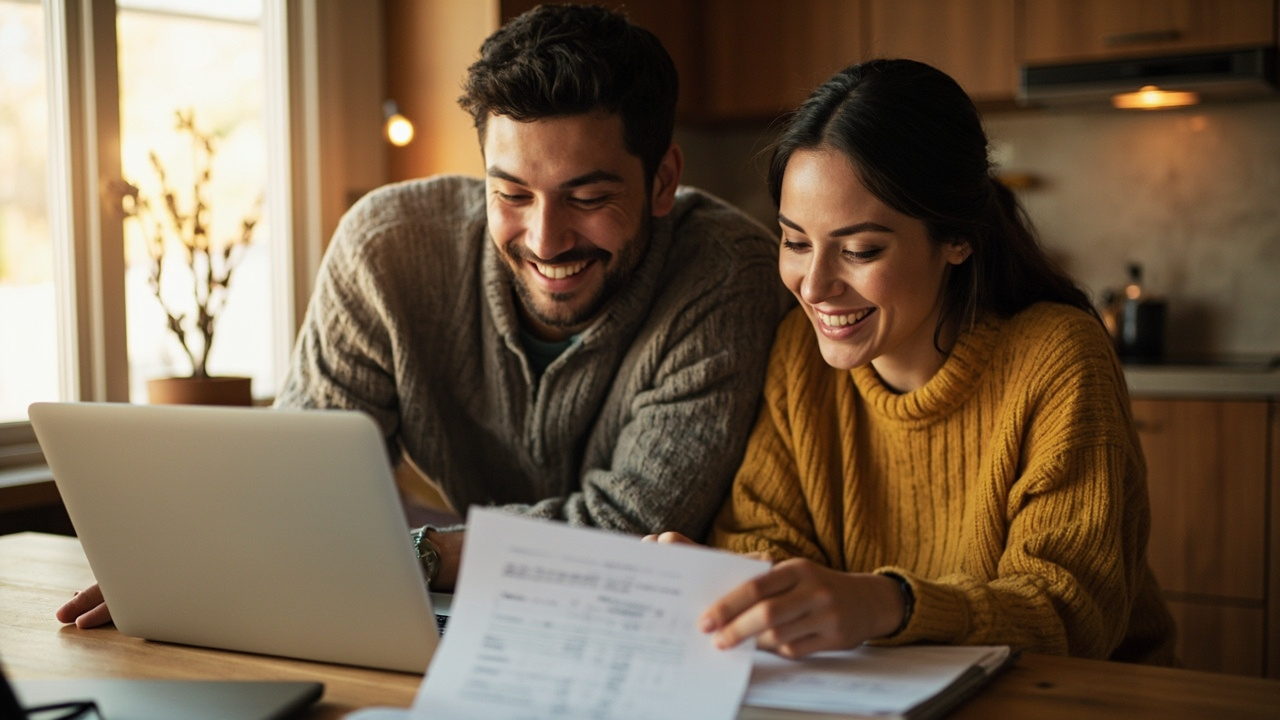 Couple reviewing monthly budget together at kitchen table