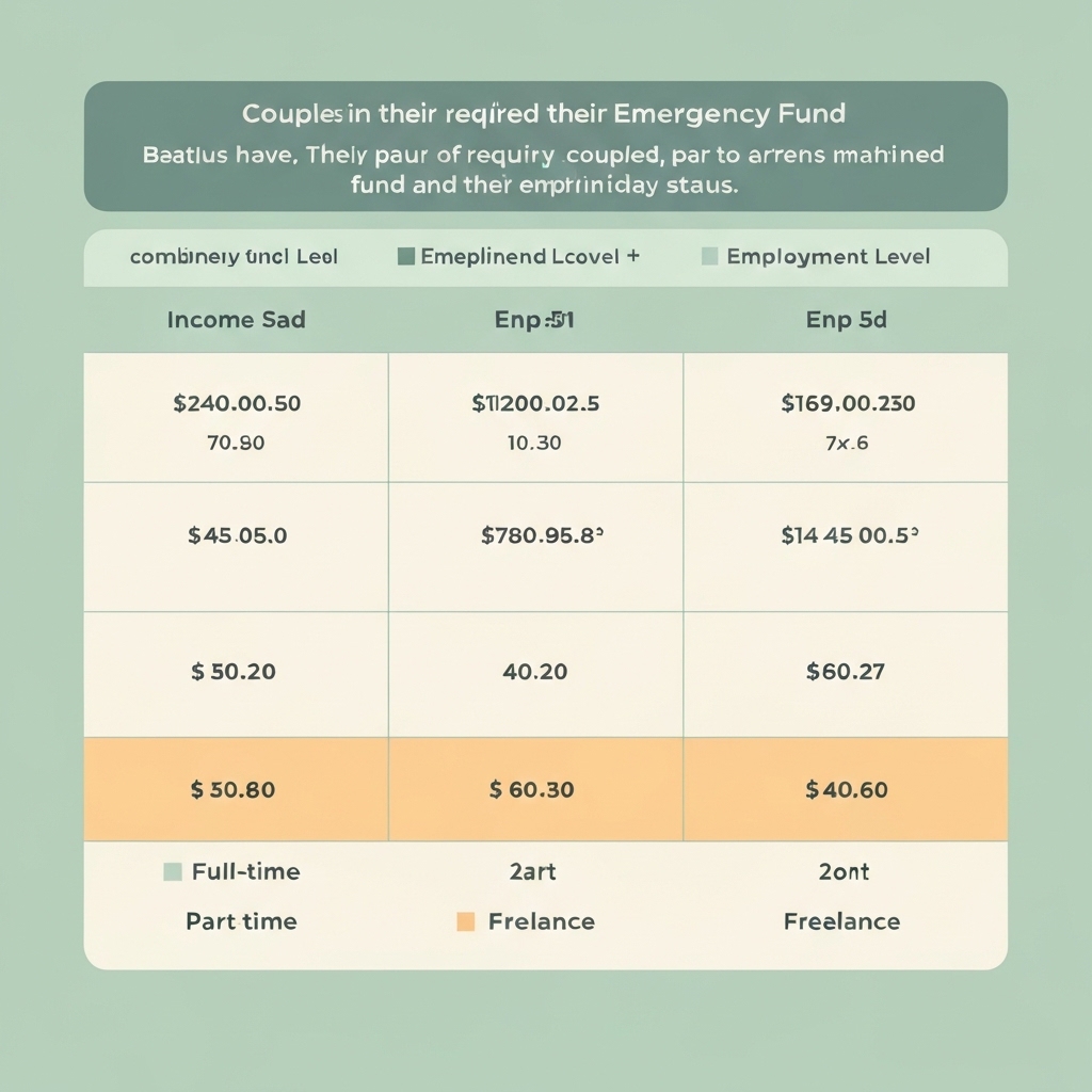Comparison chart showing recommended emergency fund sizes by couple type, income level, and employment situation