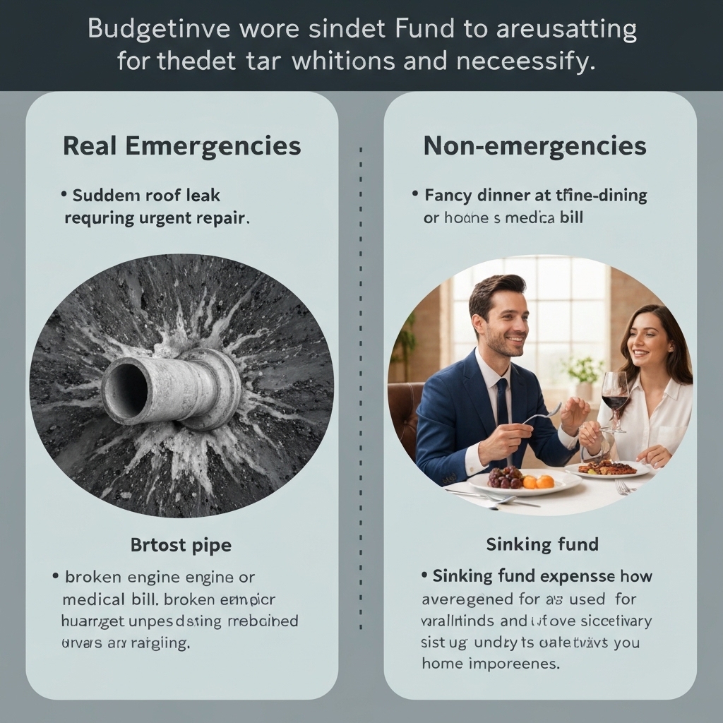 Visual showing examples of real emergencies versus non-emergency expenses that should be funded through sinking funds