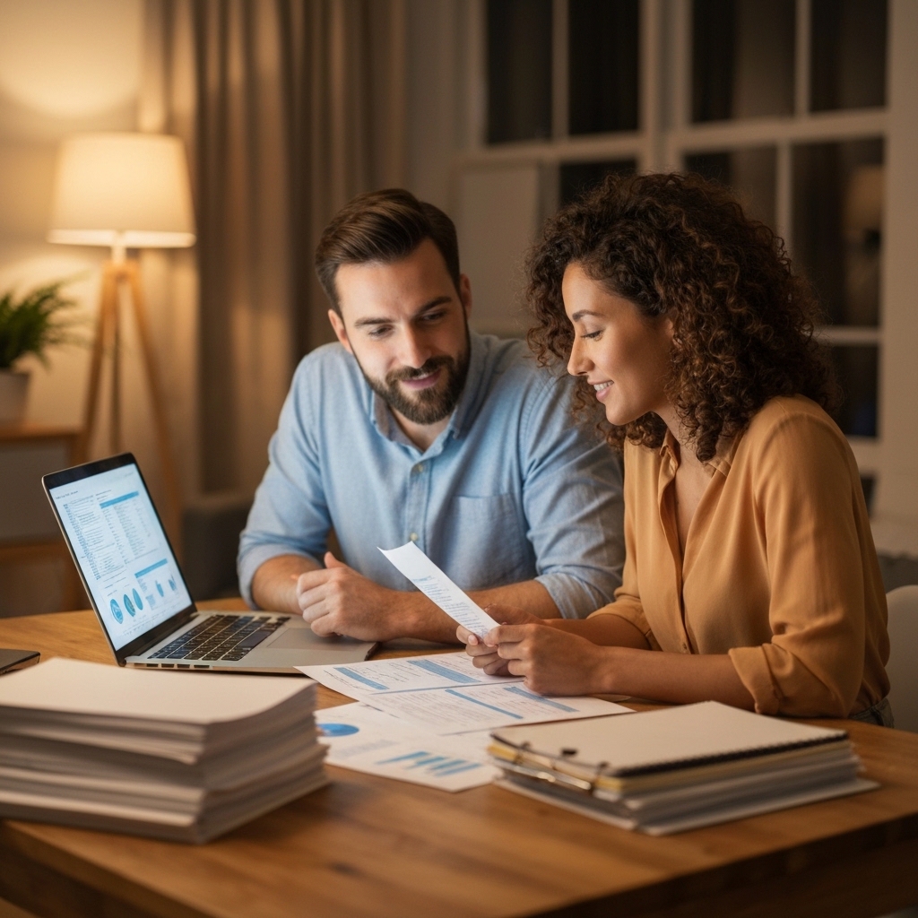 Couple sitting together at a table reviewing their finances and planning their emergency fund savings goal