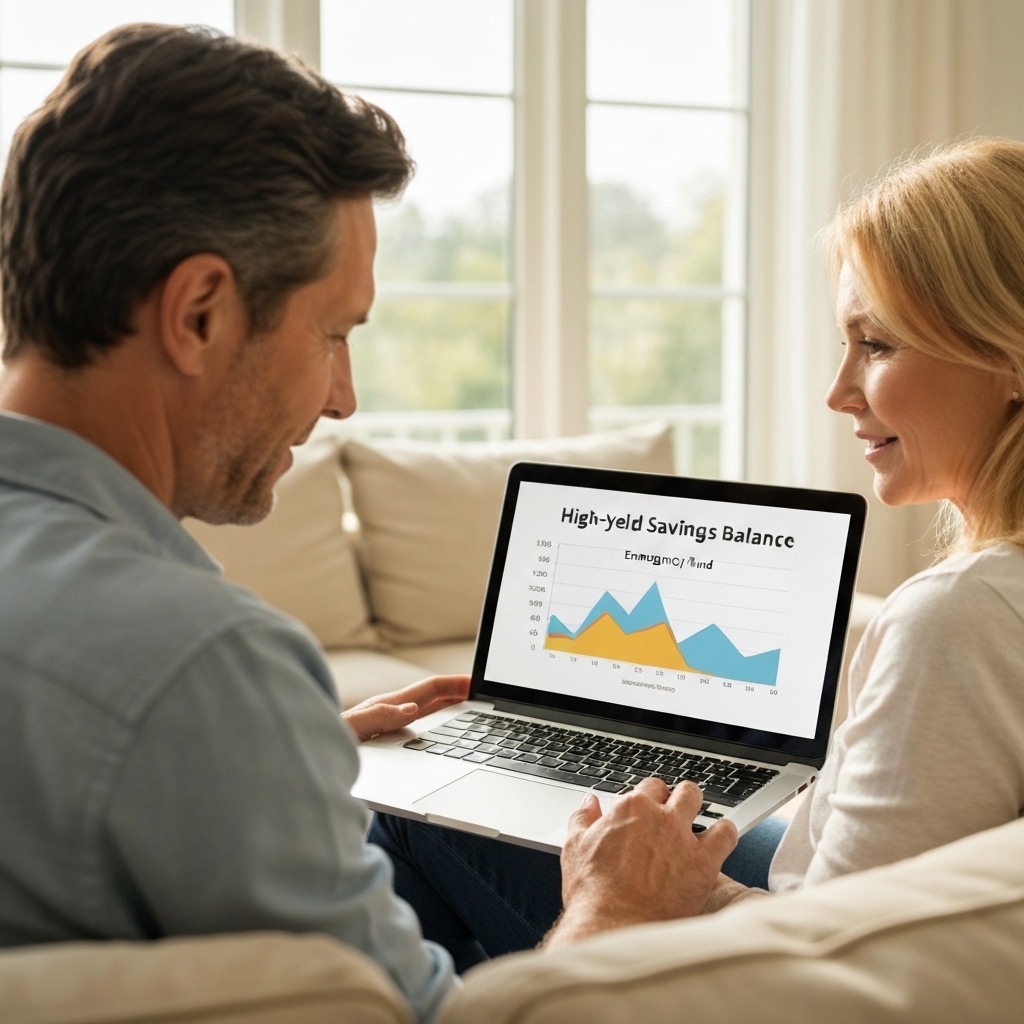 Couple reviewing their high-yield savings account on a laptop, showing interest earnings on their emergency fund balance