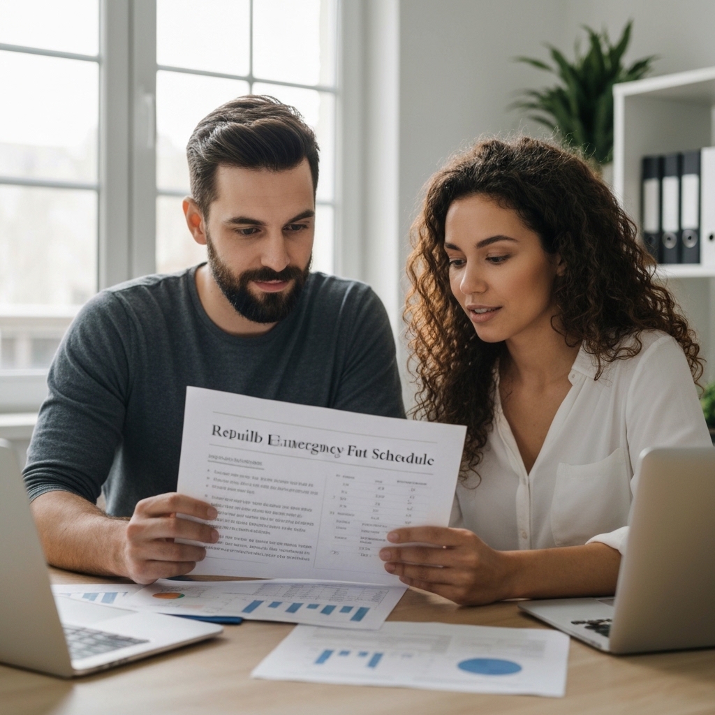 Couple together reviewing their plan to rebuild their emergency fund after a recent withdrawal, with a replenishment schedule on paper