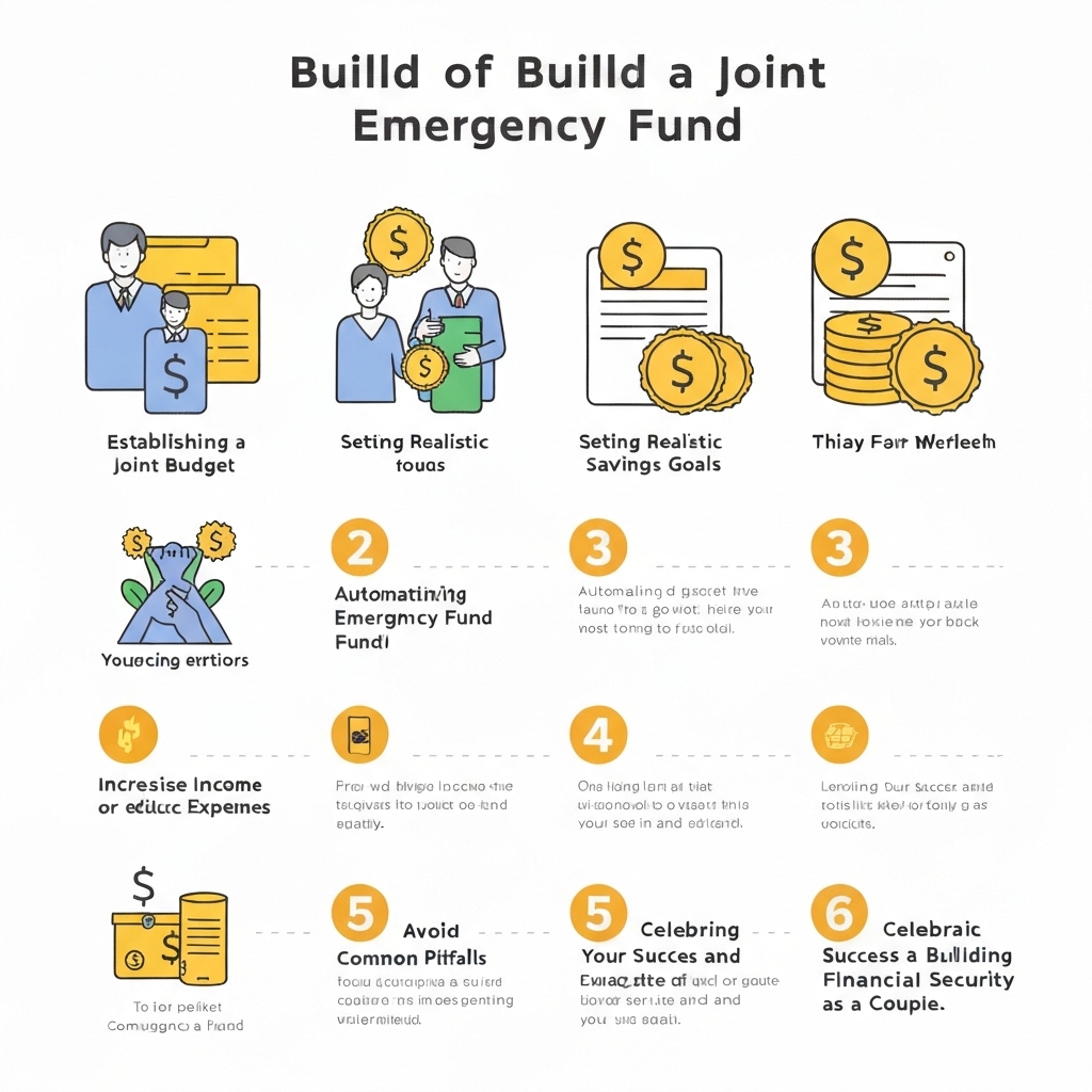 Step-by-step infographic showing the six stages of building a joint emergency fund as a couple