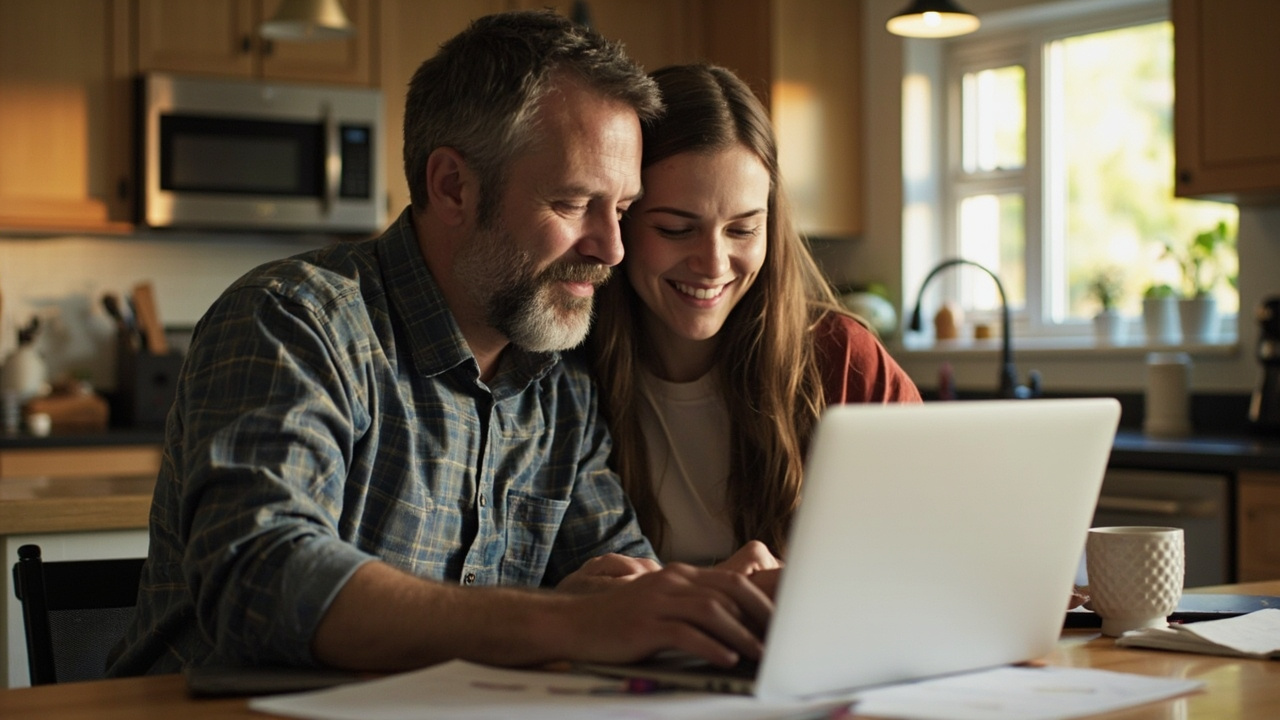 Couple reviewing their shared budget together at a kitchen table with a laptop and coffee, showing collaborative financial planning