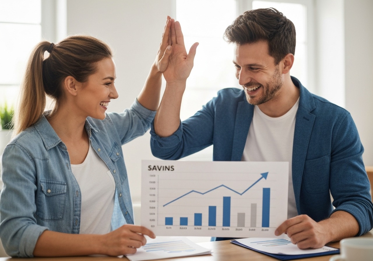 Couple celebrating a financial milestone together with happy expressions and a chart showing savings progress