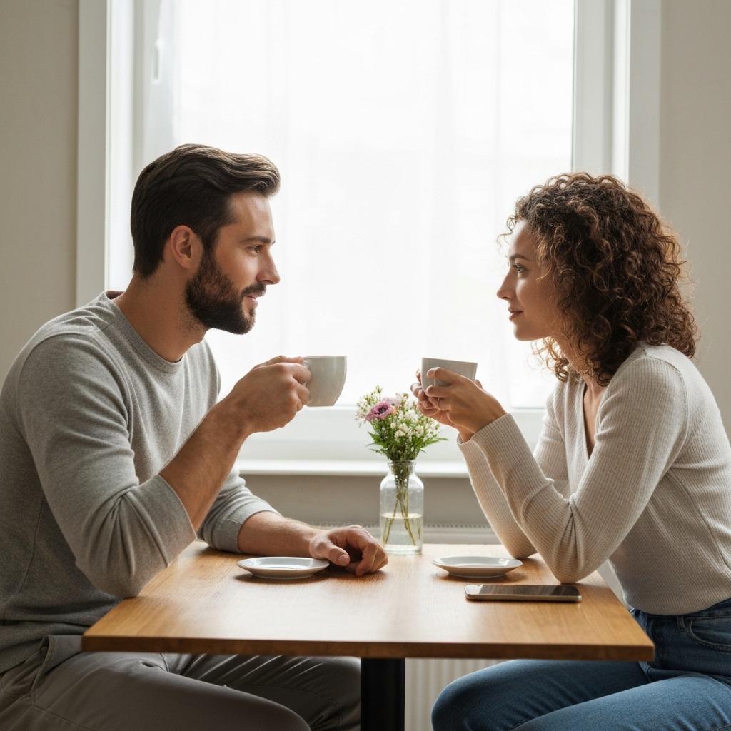 Couple having a relaxed weekend morning money talk with coffee, no phones, making eye contact