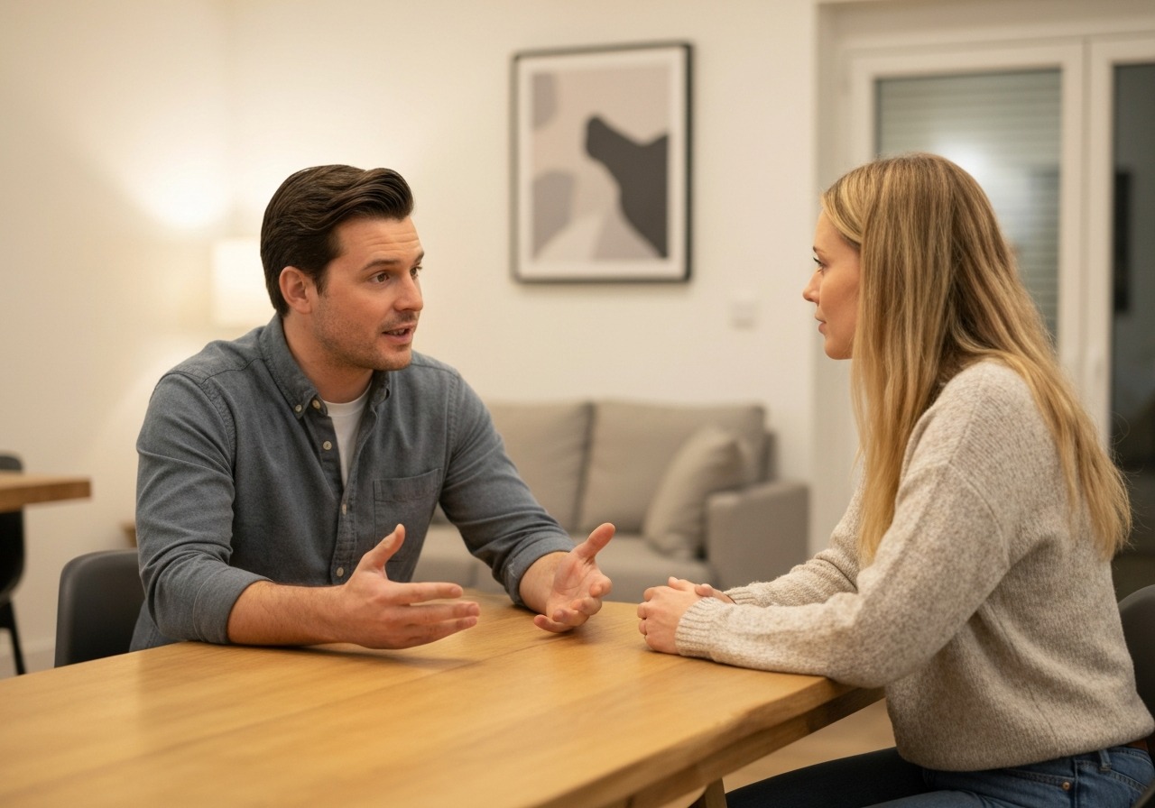 Couple discussing finances calmly with one partner listening and the other explaining their perspective