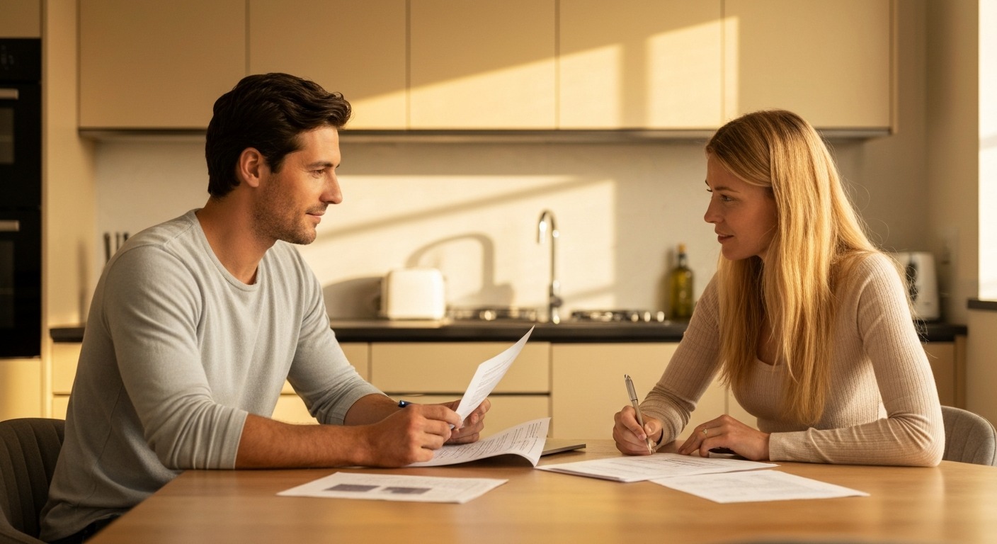 Couple sitting together at a kitchen table having a calm money conversation with papers and a laptop