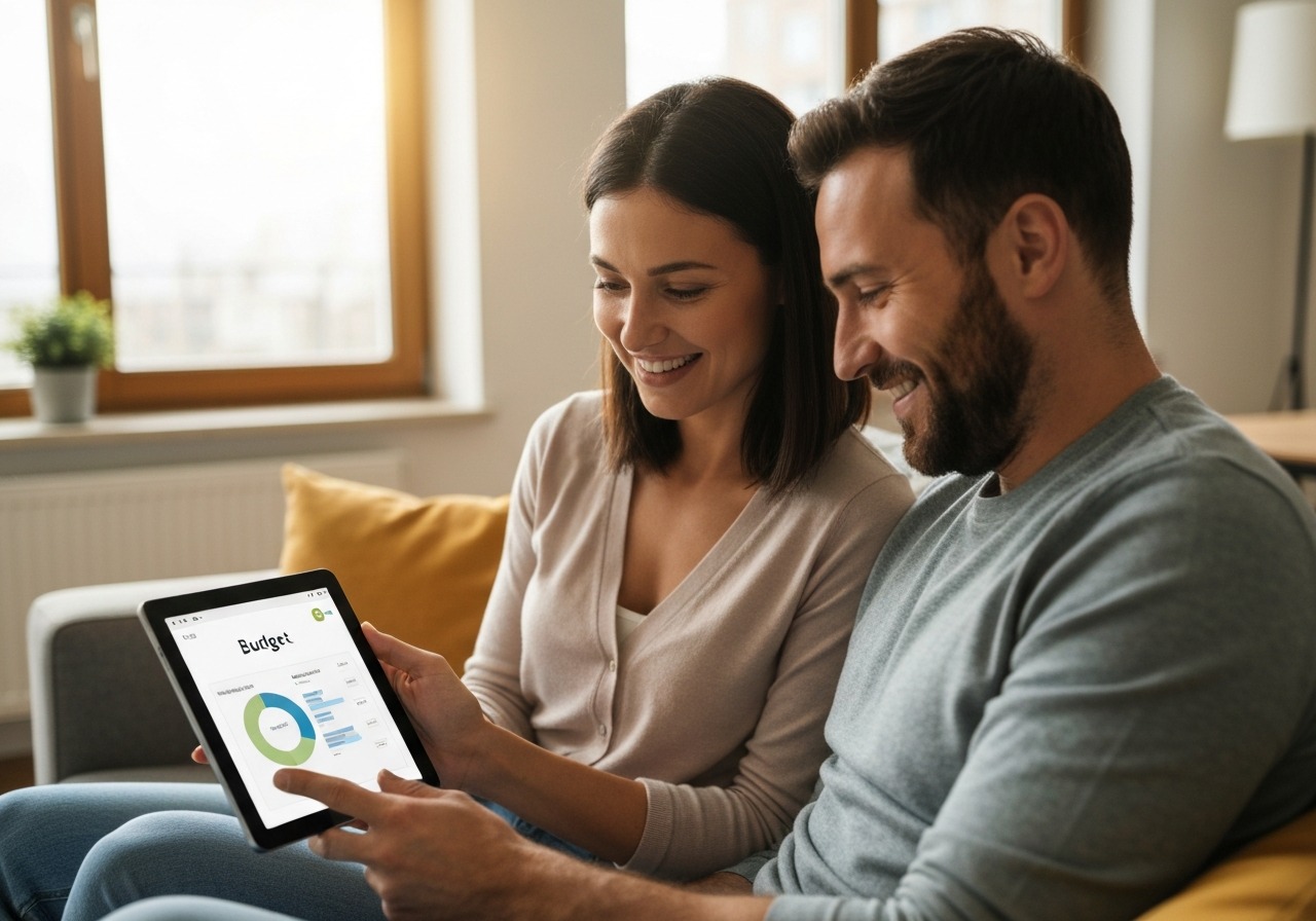 Couple reviewing their monthly budget together on a tablet, smiling and aligned on their goals