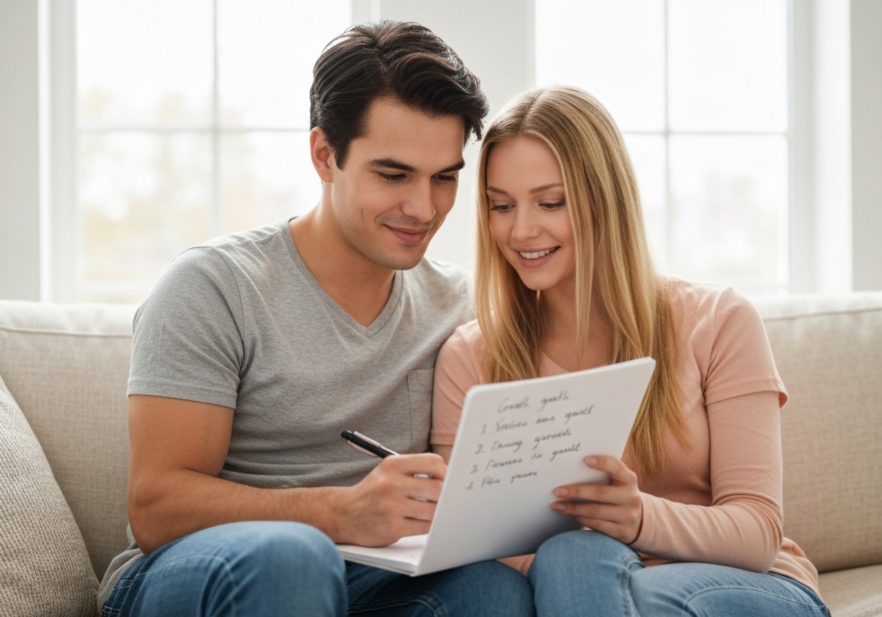 Couple writing shared financial goals on a notepad together, focused and collaborative