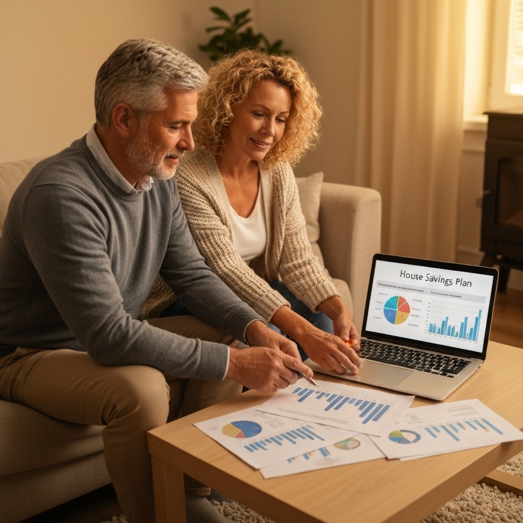 Couple saving for house together hero image showing joint financial planning on laptop with savings charts