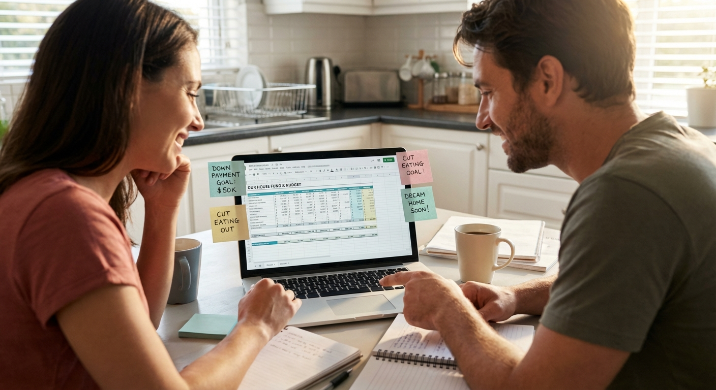 Detailed house savings budget spreadsheet showing down payment, closing costs, and reserves