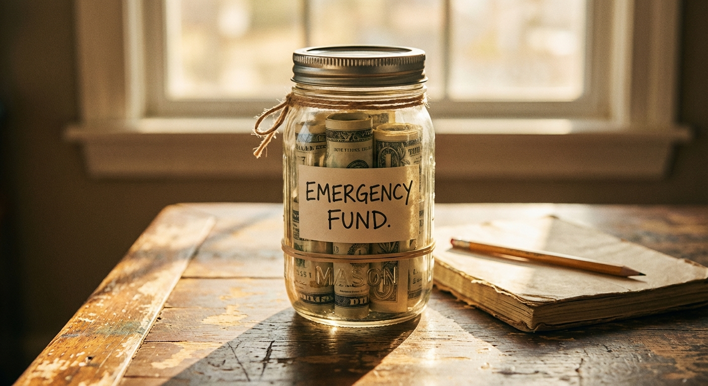 Emergency fund savings jar alongside a house savings plan worksheet
