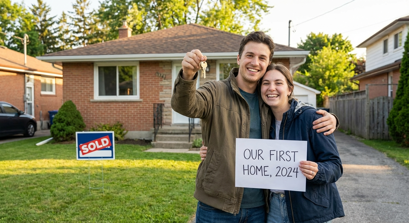 Couple holding the keys to their first home after reaching their savings goal
