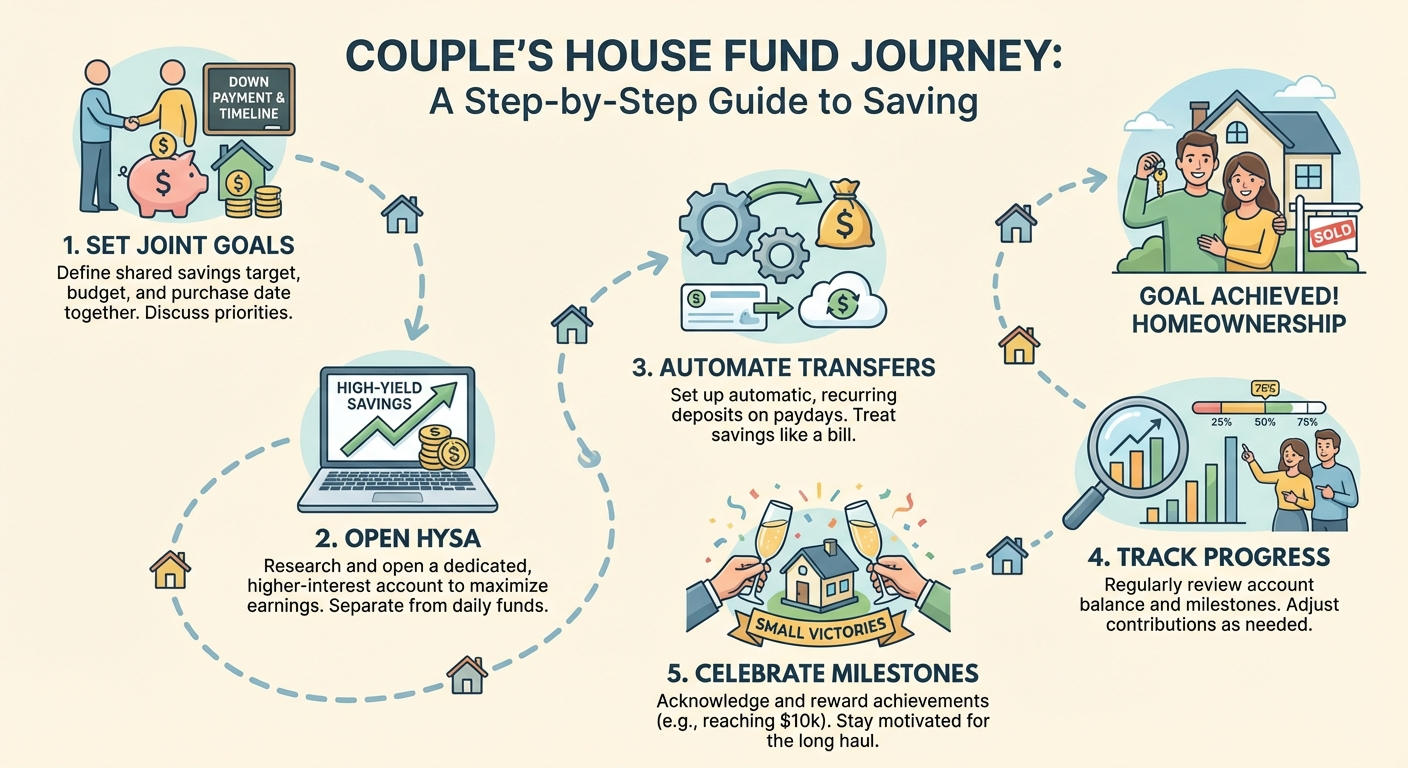 Step-by-step infographic showing the house savings journey for couples from goal setting to closing day