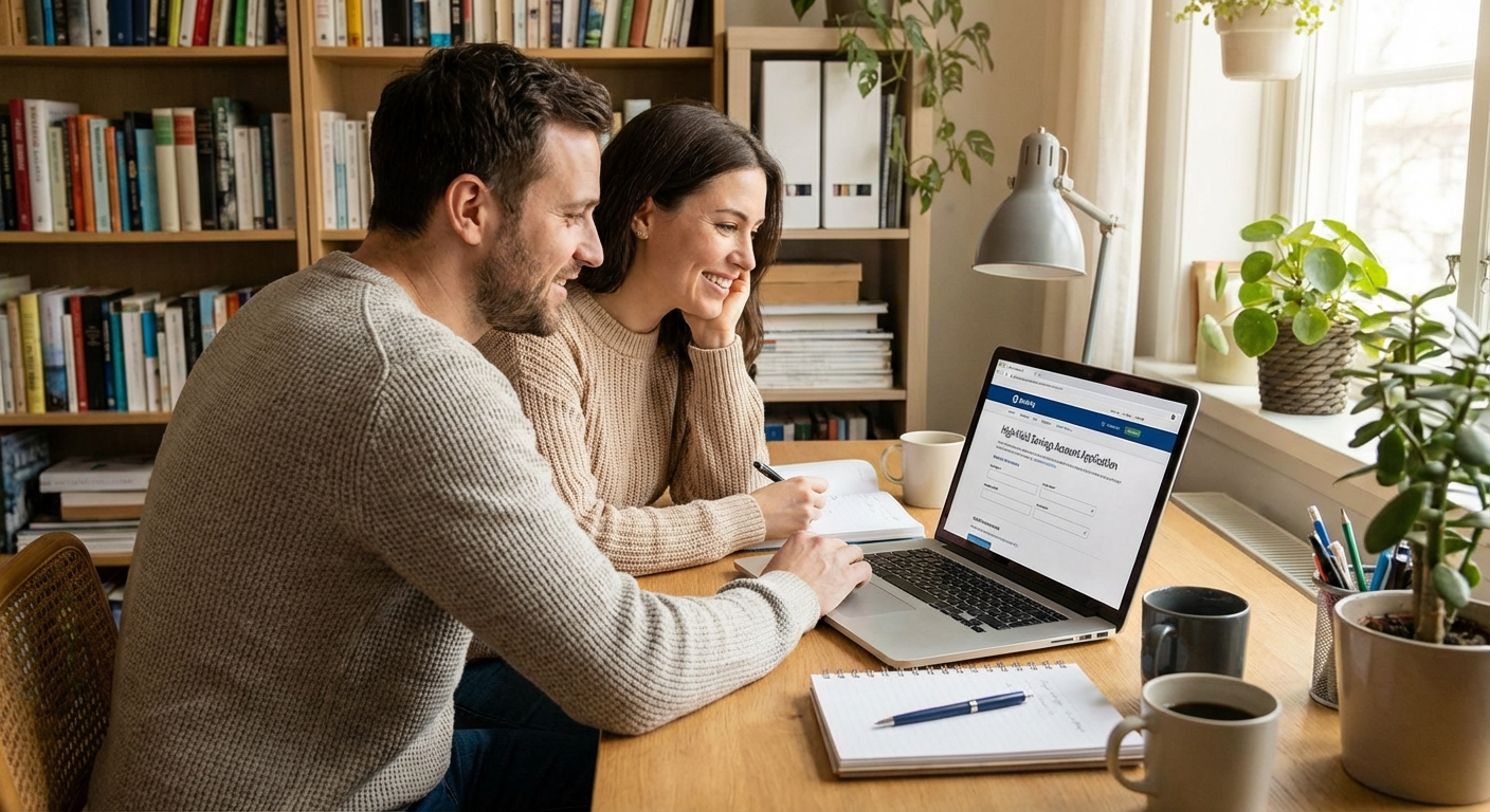 Couple opening a joint high-yield savings account on a laptop together