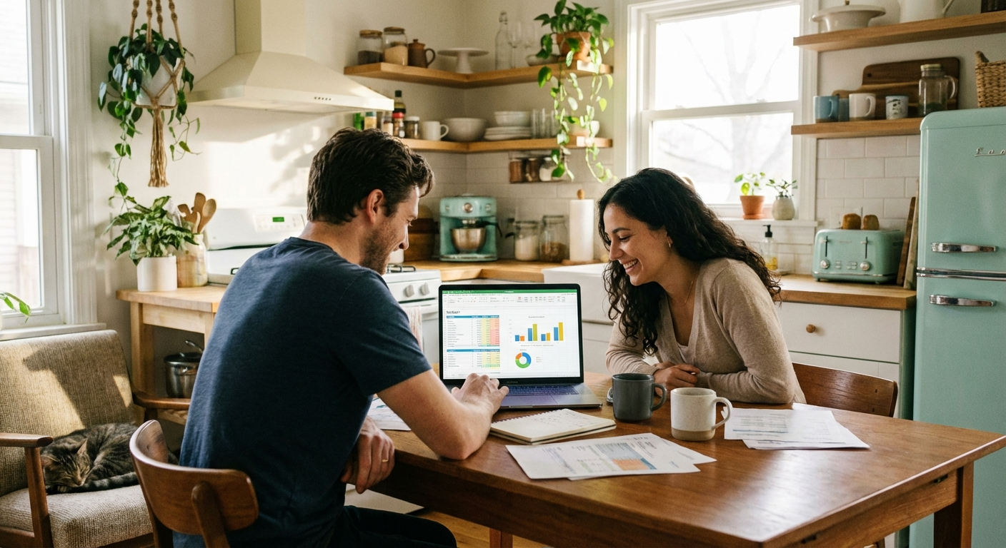 Newlywed couple sitting at a kitchen table with a laptop and coffee mugs reviewing their finances together