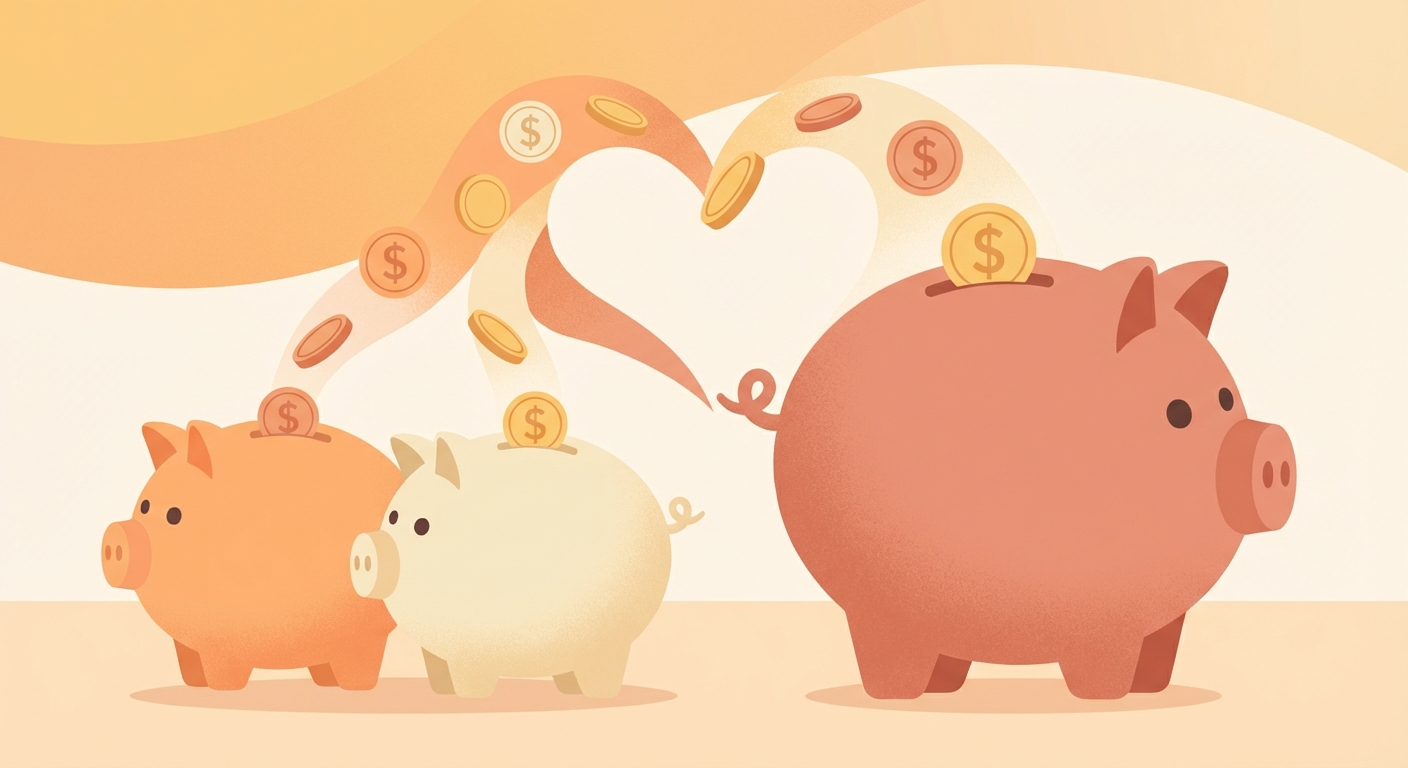 Infographic showing three bank account icons with a joint account in the center connected to two personal accounts