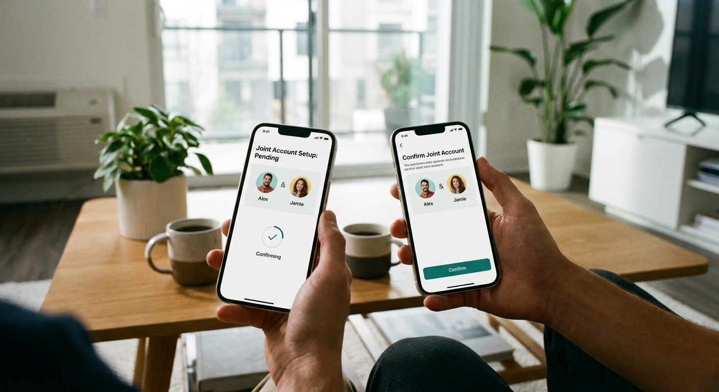 Two people having a supportive conversation on a couch with financial documents and a tablet visible