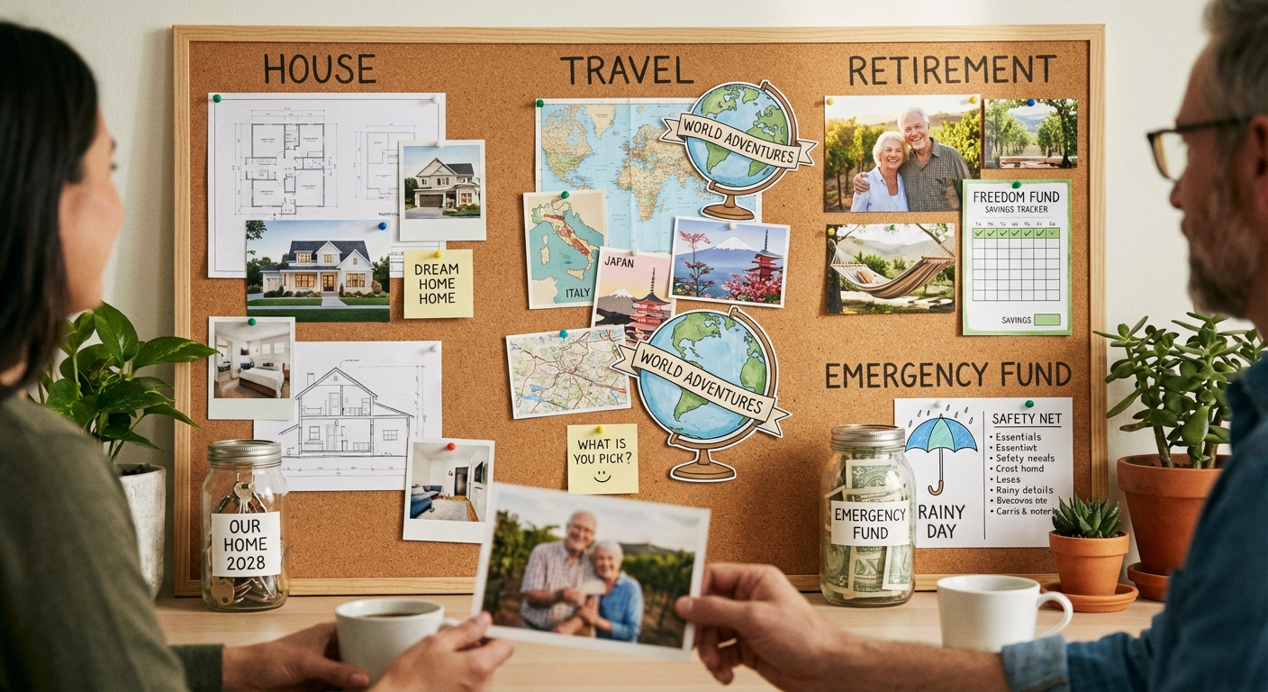 Visual roadmap showing financial milestones from emergency fund through home purchase to retirement with icons at each stage