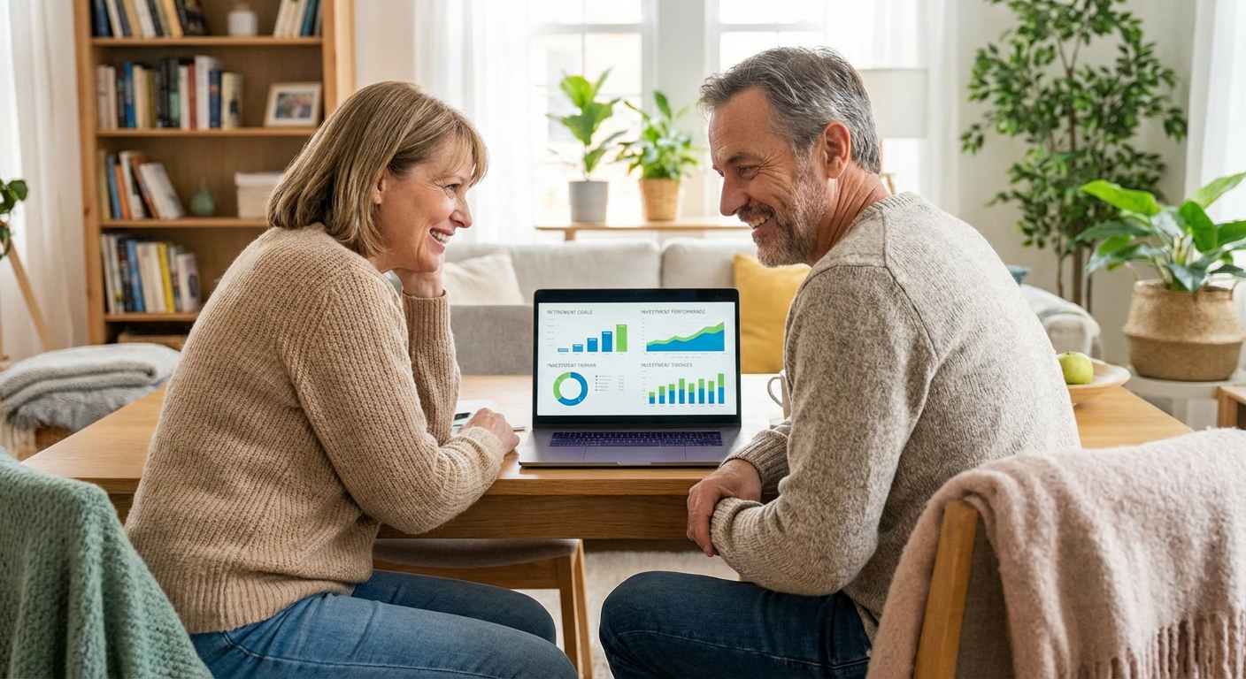 Couple reviewing joint investment portfolio and retirement savings together