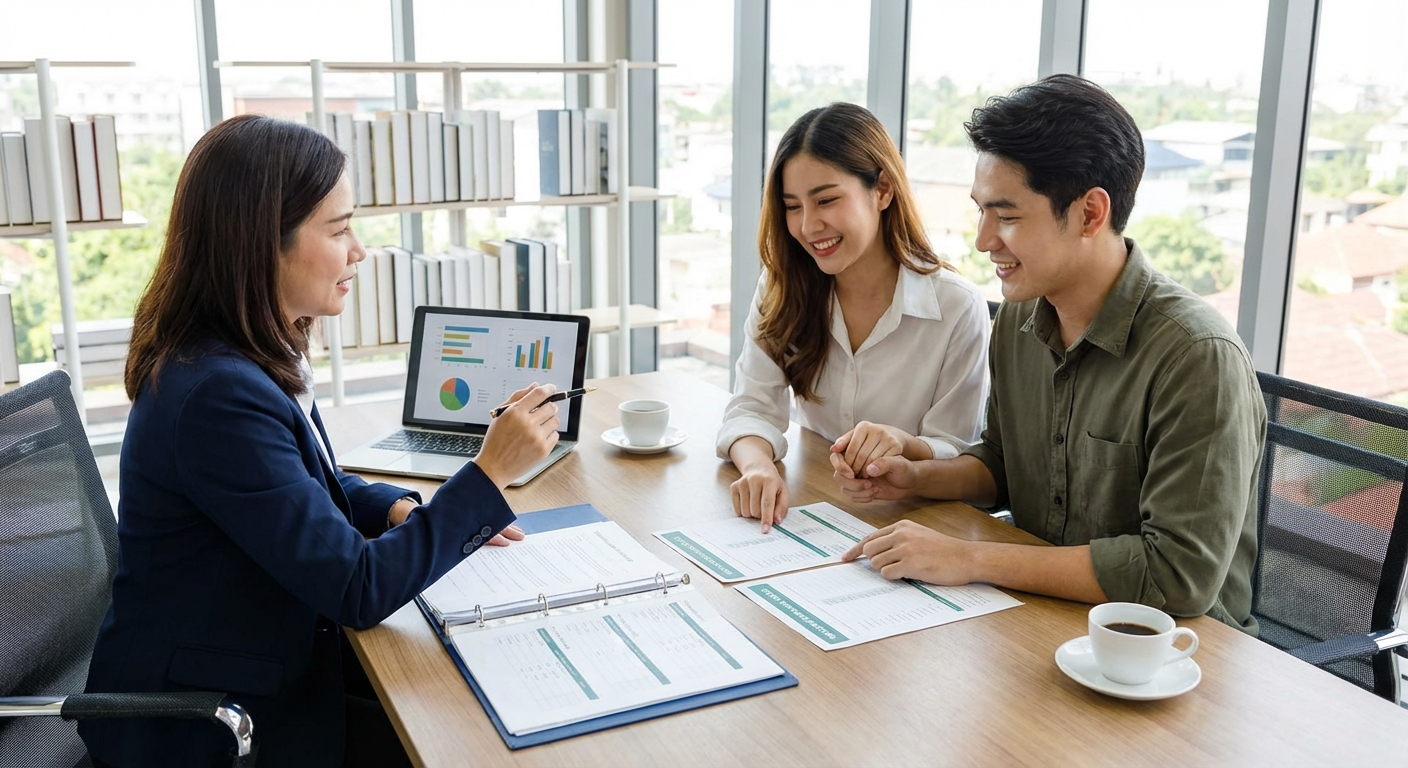 Financial planner meeting with newlywed couple to discuss money goals
